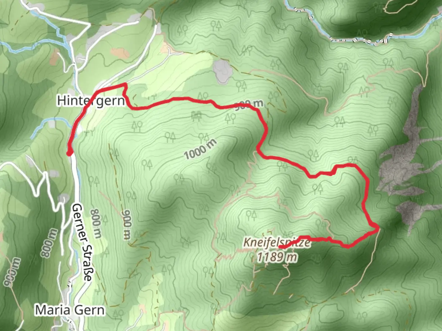 An image depicting the trail Salzburgblick and Kneifelspitze and its surrounding area.