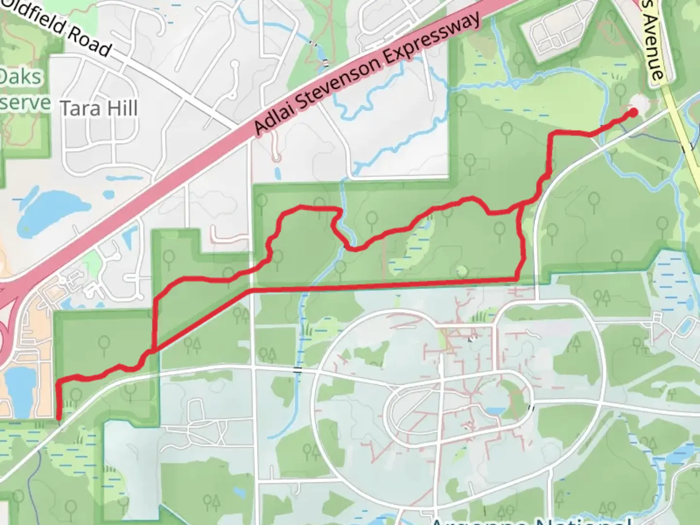 An image depicting the trail Tear Thumb Trail and Waterfall Glen Main Trail and its surrounding area.