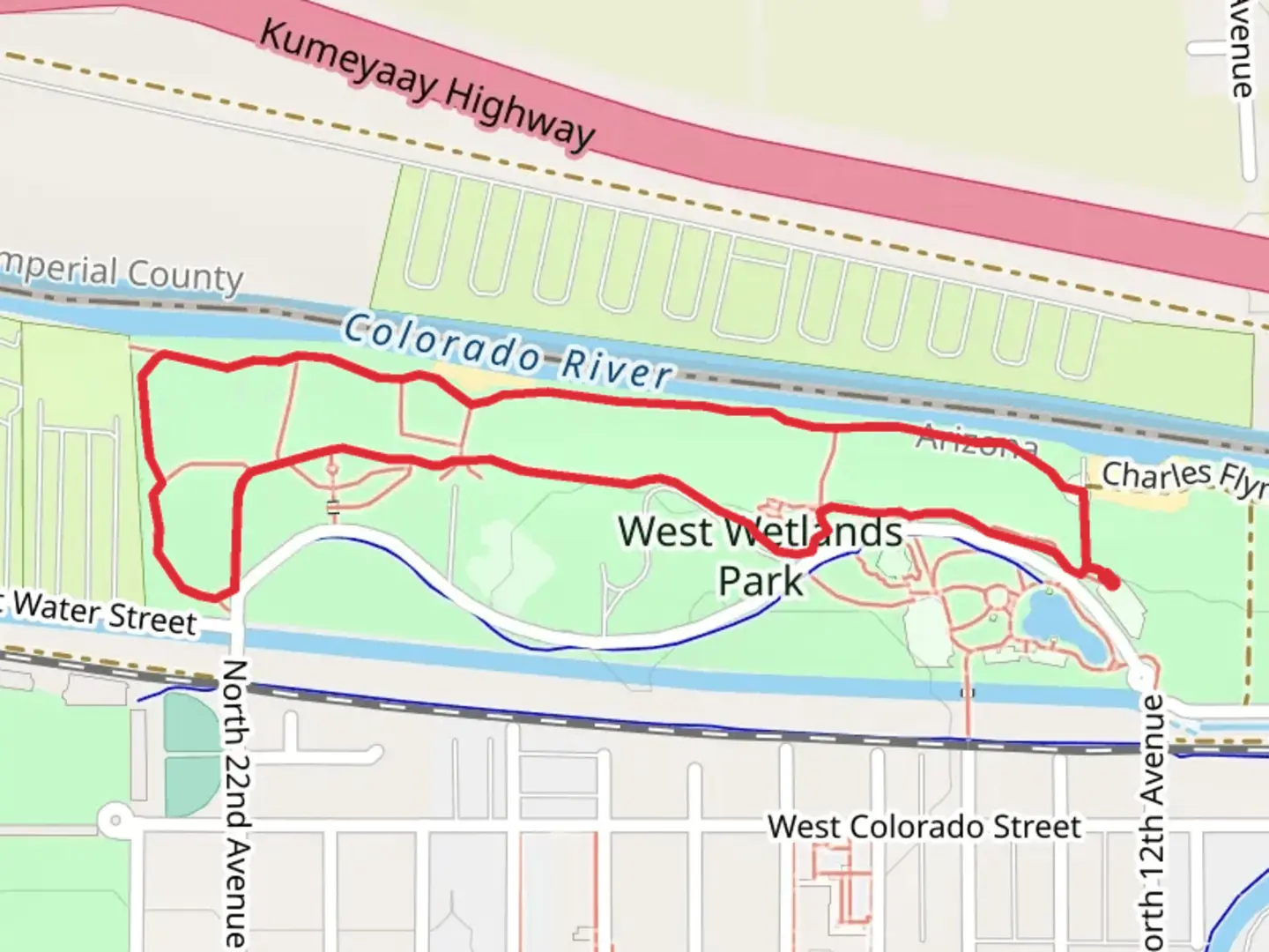 An image depicting the trail Charles Flynn Riverfront and Borrowing Owl Observation Point Loop Trail and its surrounding area.