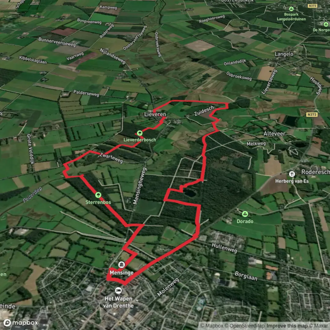 An image depicting the trail Mensingebos, Lieverderbosch and Sterrebos Loop and its surrounding area.