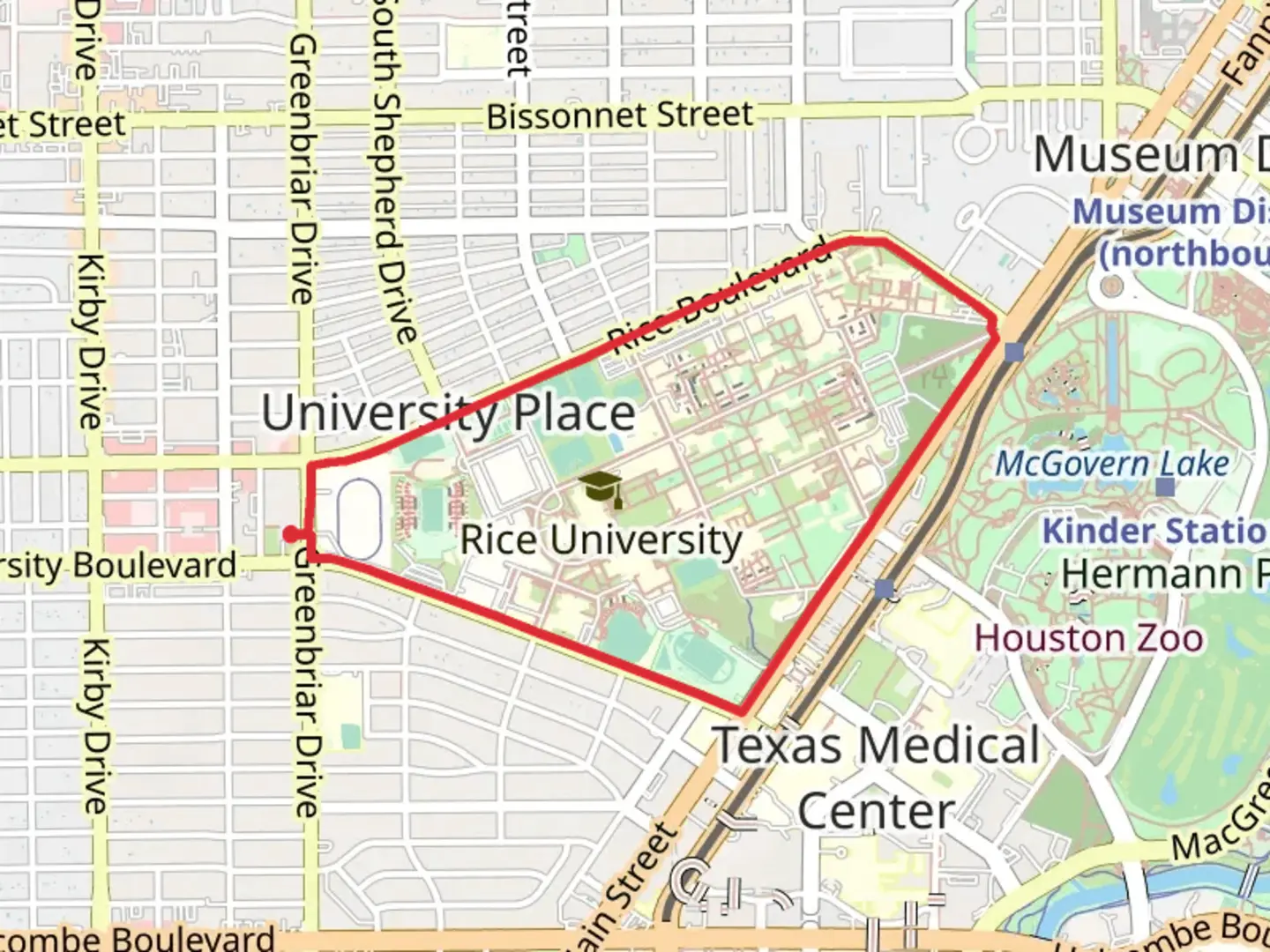 An image depicting the trail Rice University Running Loop Trail and its surrounding area.