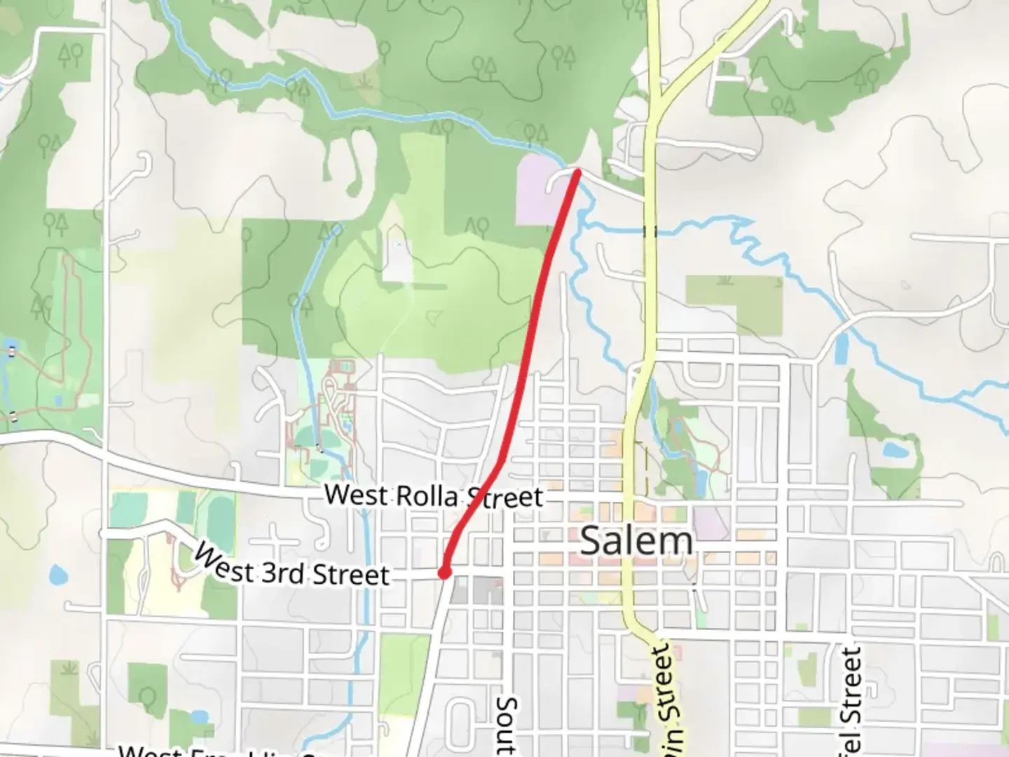 An image depicting the trail Spring Creek from West 3rd Street and its surrounding area.