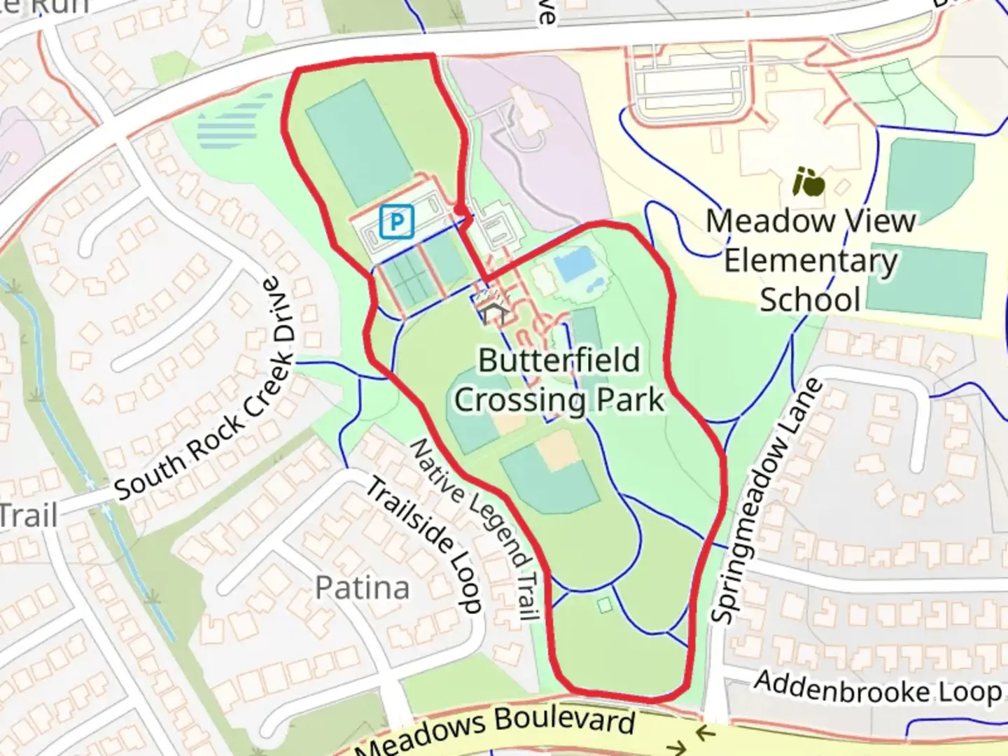An image depicting the trail Butterfield Crossing Park Loop and its surrounding area.