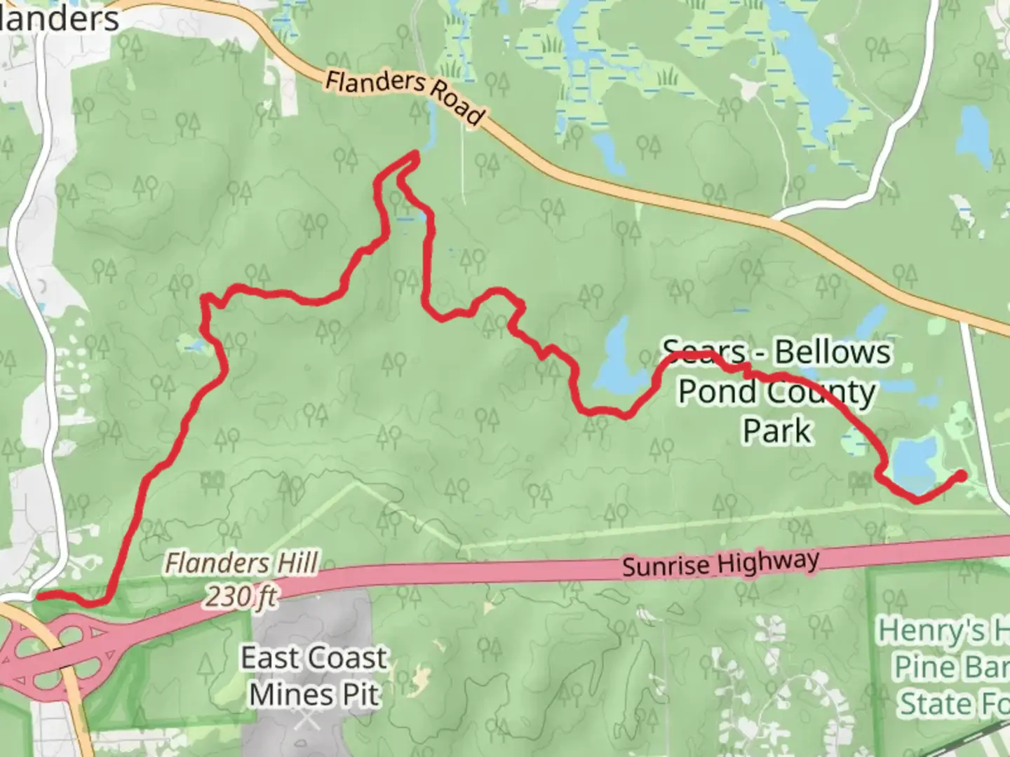 An image depicting the trail Paumanok Path Trail from Bellows Pond and its surrounding area.