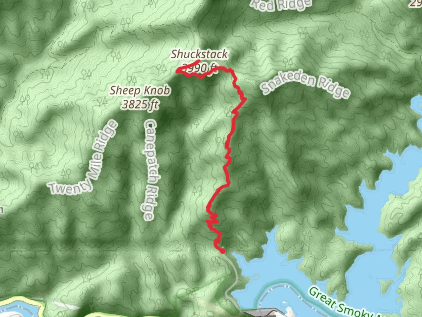 An image depicting the trail Shuckstack Peak via Appalachian Trail and its surrounding area.