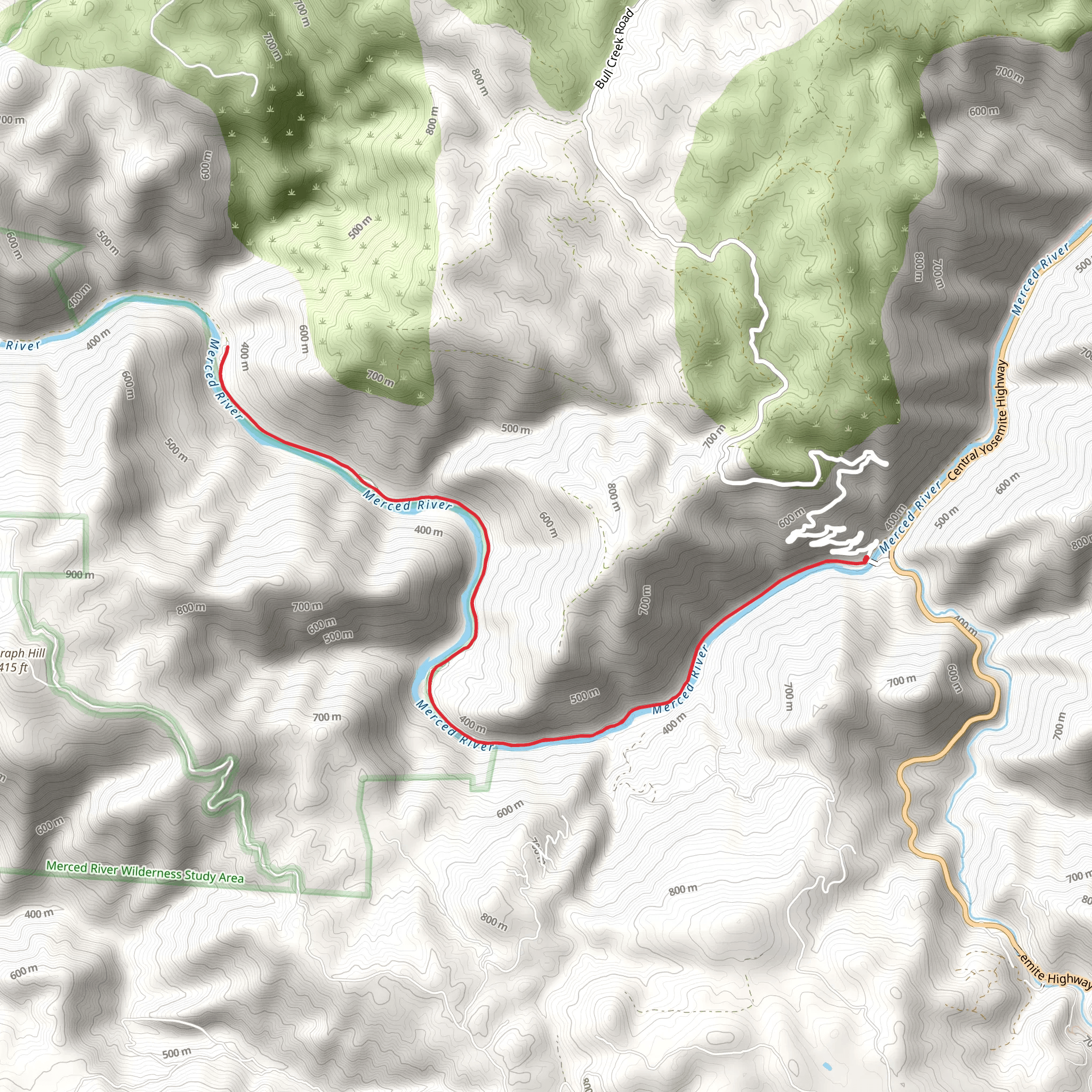 Merced River via Bull Creek Road Walk mobile static map